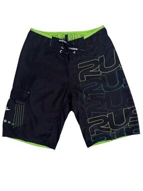Rusty Board Shorts Black Green Graphic Surf Swim Size 28